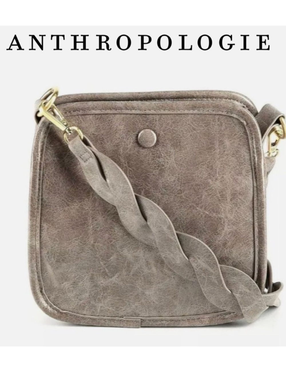 Anthropologie Metallic Taupe Faux-Leather Crossbody with Gold Snap